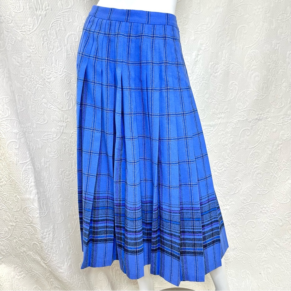 Pendleton VTG 70s Wool Pleated Tartan Plaid Midi Skirt Periwinkle Blue Purple